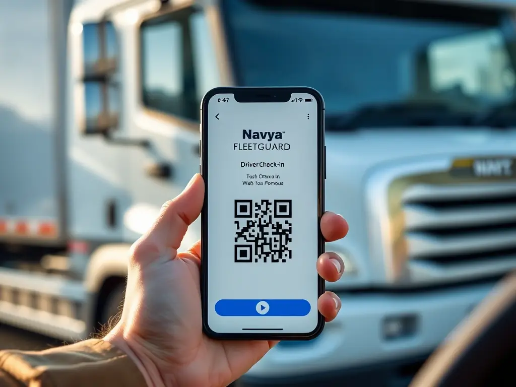 A close-up shot of a smartphone displaying the Navya FleetGuard mobile app interface, showing a driver check-in screen with QR code scanning functionality, set in the context of a driver standing next to a commercial vehicle.