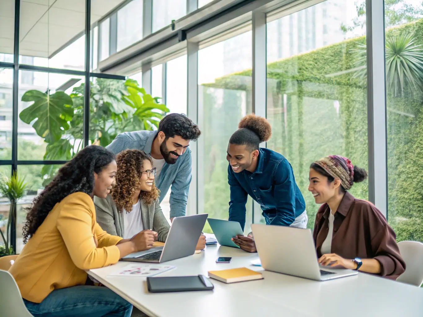 A team of IT professionals collaborating on a project in a modern office.