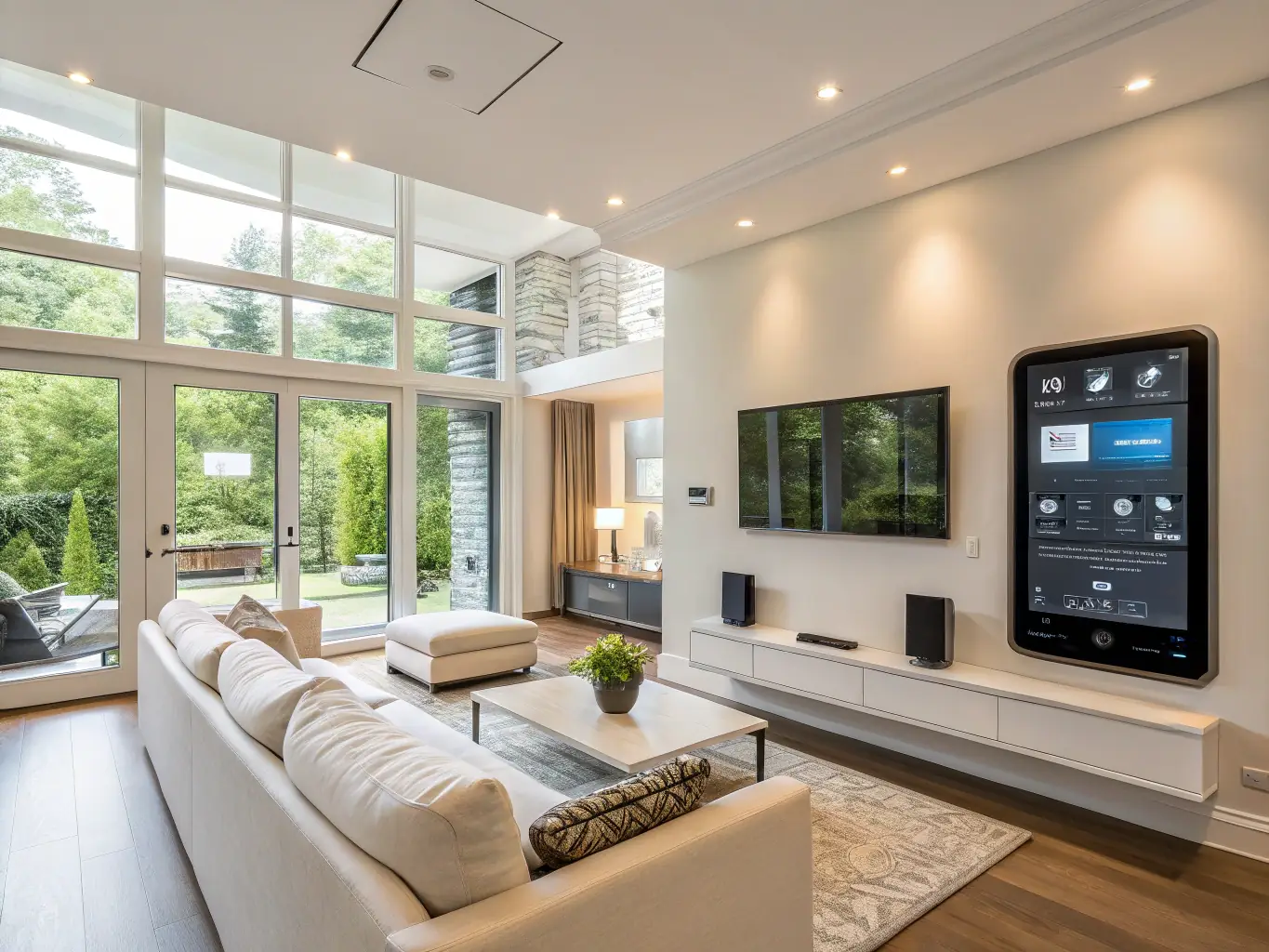 A modern smart home with automated lighting and security systems.