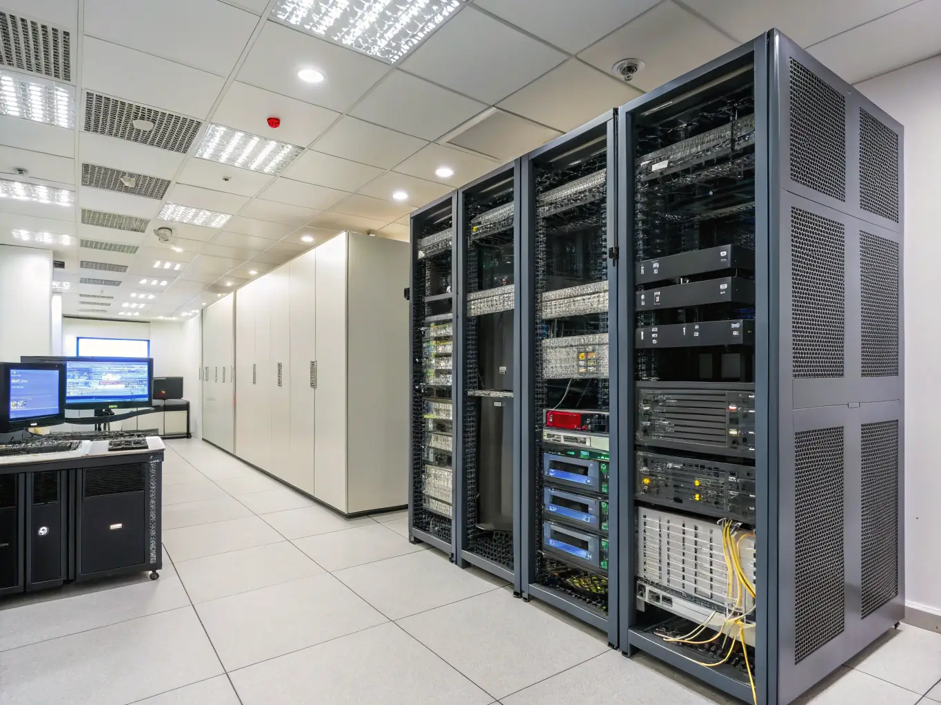 A sophisticated network infrastructure setup in a bright office.