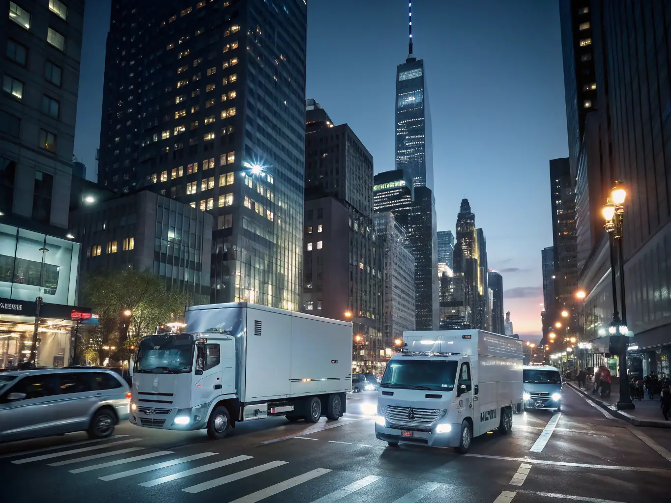An aerial view of a fleet of commercial vehicles equipped with GPS tracking devices, moving along a highway, with a focus on the interconnectedness and real-time monitoring capabilities of Navya FleetGuard.