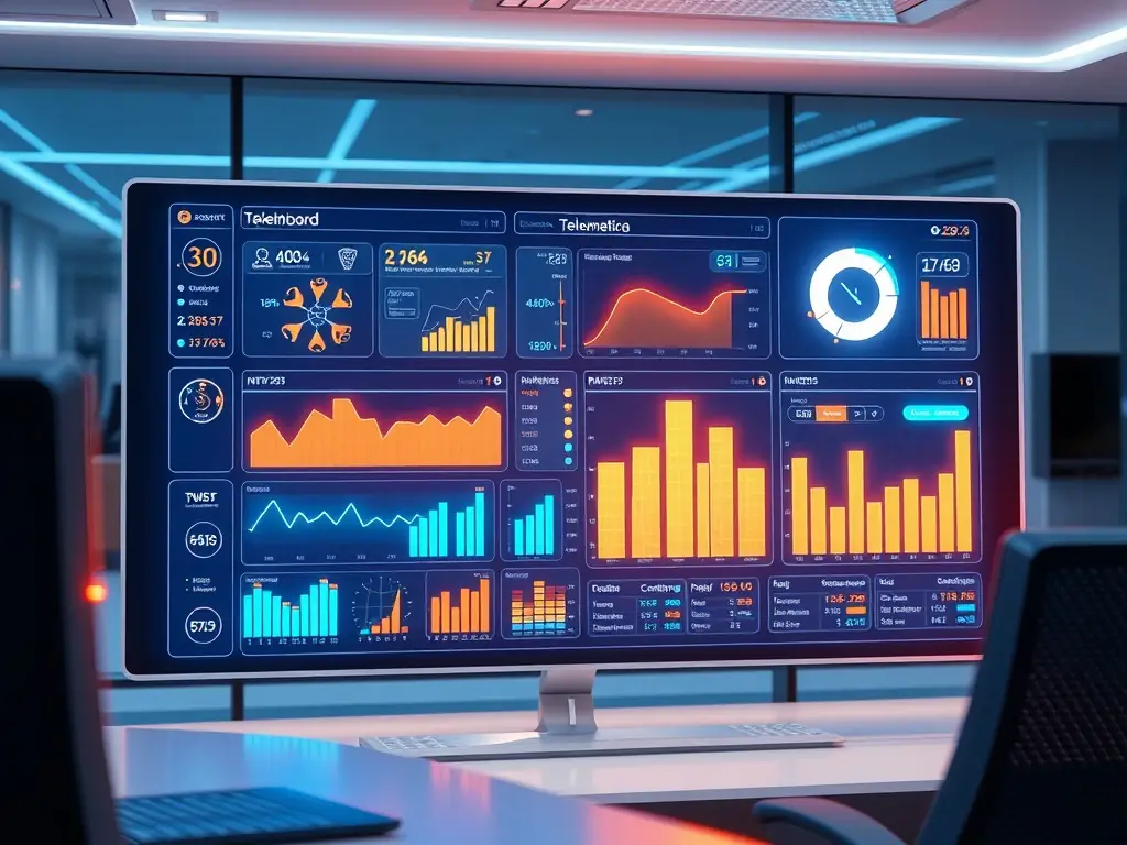 A high-angle shot of a modern fleet management dashboard interface on a large monitor, displaying real-time data visualizations of vehicle locations, fuel consumption, and maintenance schedules, set in a brightly lit, minimalist office environment.